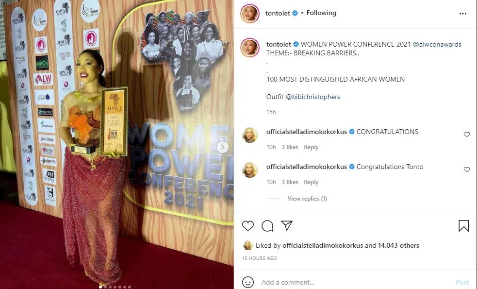 Tonto Dikeh gets honoured among 100 most distinguished African Women amidst breakup with her lover