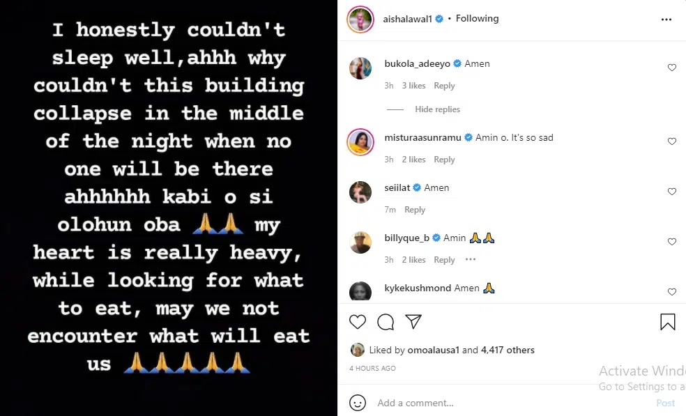 ‘My heart is terribly heavy’, Actress Aisha Lawal lament over recent Ikoyi building collapse