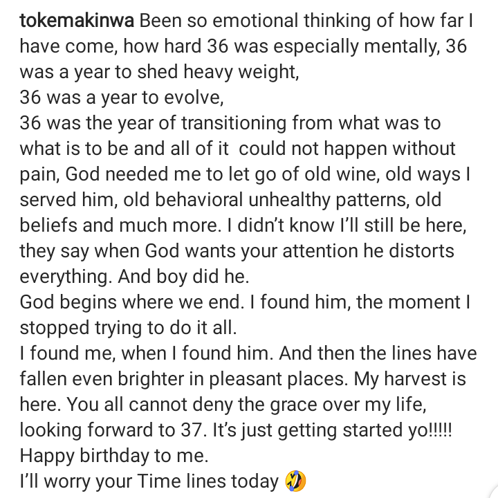 “You Can’t Deny The Grace Over My Life” – Toke Makinwa Says, As She Celebrate 37