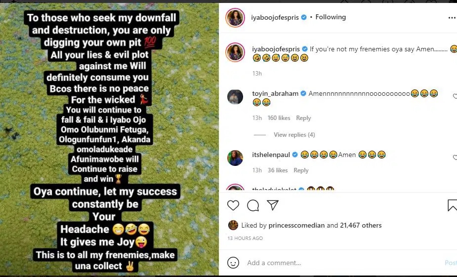 ‘My achievement will always be a source of concern for you.' Actress Iyabo Ojo, has released strong prayer points for her opponents.