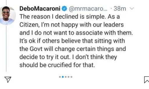 Comedian Mr. Macaroni speaks out after colleagues were chastised for paying VP Osibanjo a courtesy visit.