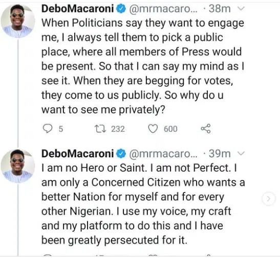 Comedian Mr. Macaroni speaks out after colleagues were chastised for paying VP Osibanjo a courtesy visit.