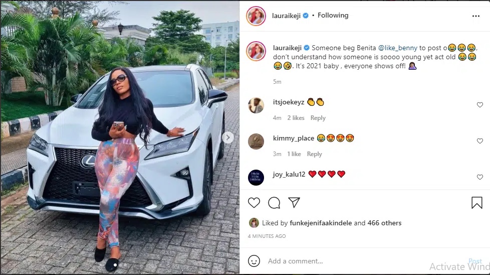 Laura Ikeji reacts after her sister Benita refuses to share pictures of her new luxury car on social media.