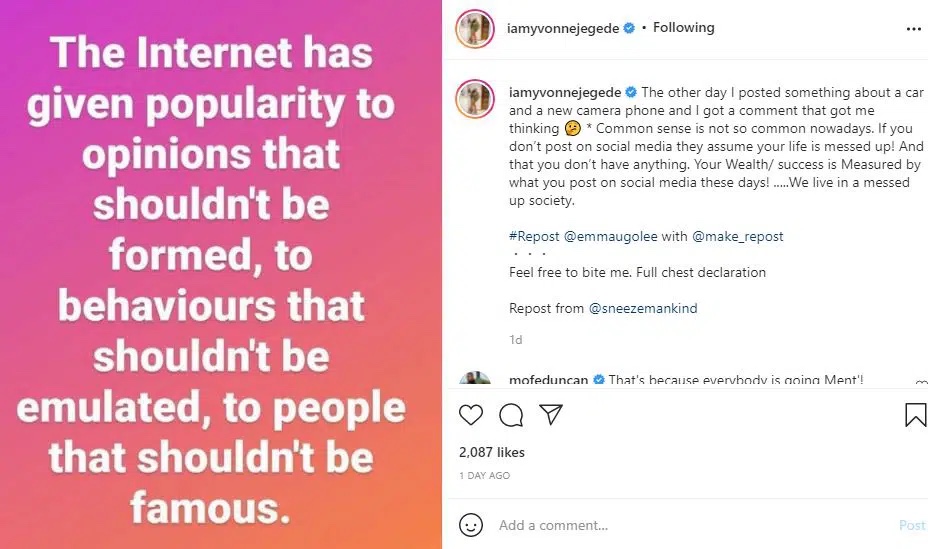 ‘You celebrities started it’ Fans respond as Yvonne Jegede complain how people today evaluate money success by social media posts