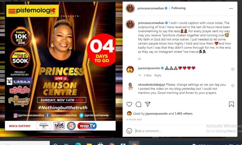 Comedienne Princess confessed love hours after criticizing her coworkers for failing to promote her event