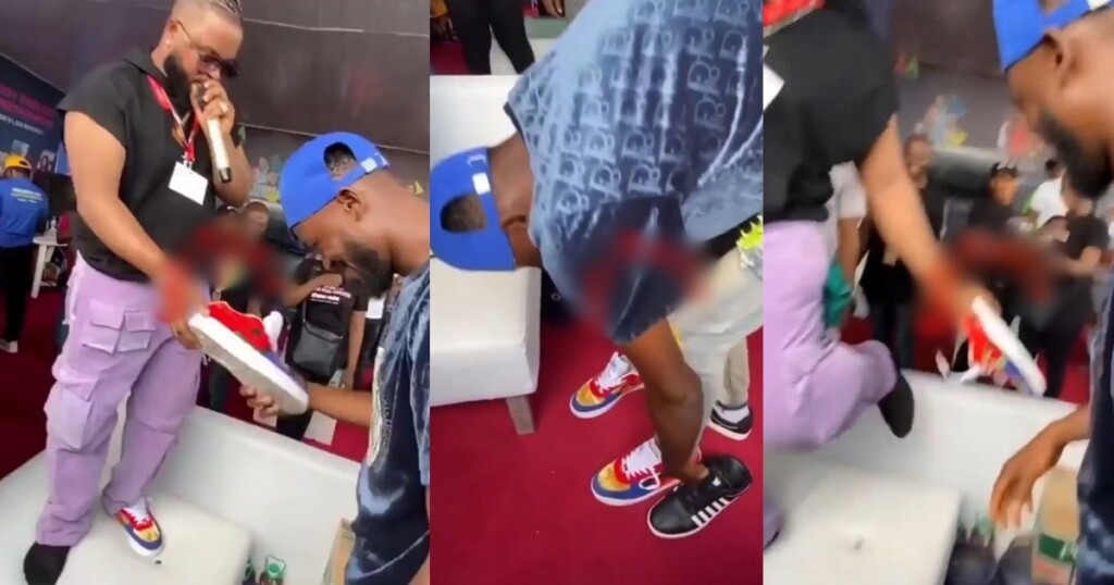 ‘He has a good heart’ Heartwarming moment BBNaija star, Whitemoney gave his shoe to a fans as a gift (video)