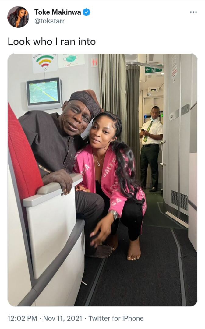 Toke Makinwa shares picture she took with ex-president, Olusegun Obasanjo after she ‘ran into’ him