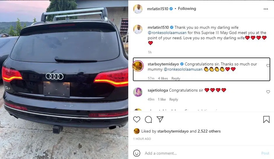 Nollywood actor Odunlade Adekola reacts as Mr Latin’s receive car gift from his wife day after his 55th birthday