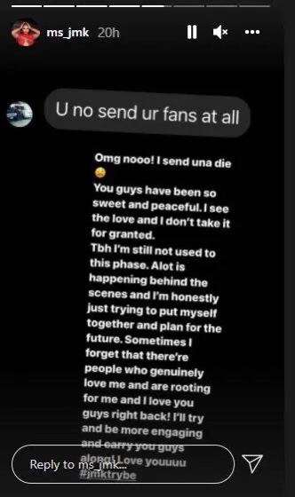 BBNaija’s JMK reacts after Fan blasted her for being unconcerned about her fan base