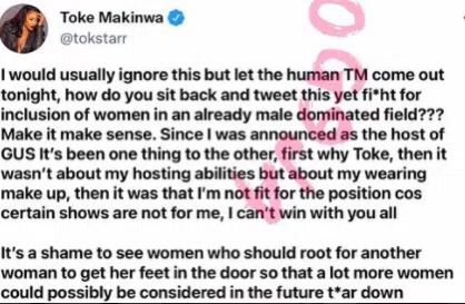 TV host, Frank Edoho reacts as people insult Toke Makinwa for being a host in GUS