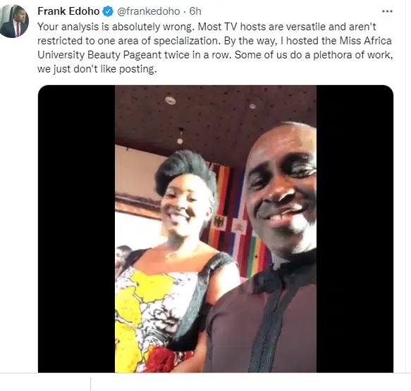 TV host, Frank Edoho reacts as people insult Toke Makinwa for being a host in GUS