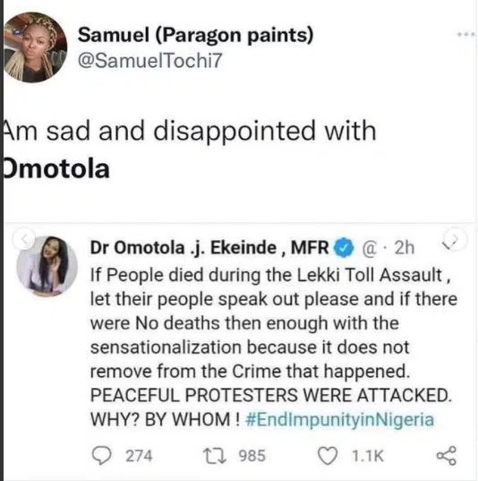 ‘Sad and disappointed with you’ Actress Omotola Jalade has been dragged by Nigerians for her comments on the Lekki Massacre.