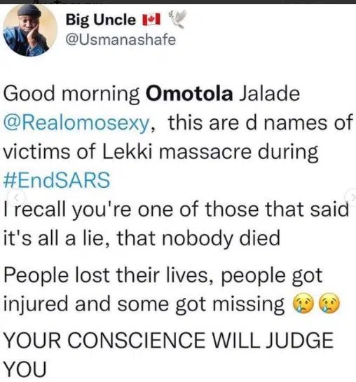 ‘Sad and disappointed with you’ Actress Omotola Jalade has been dragged by Nigerians for her comments on the Lekki Massacre.