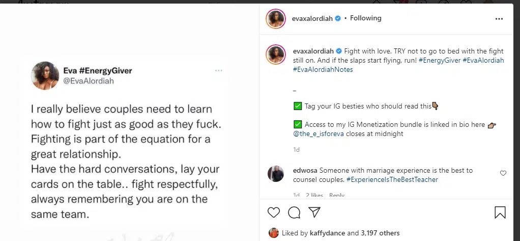 Why couples need to learn how to fight – Ex-rapper Eva Alordiah reveal