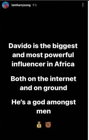 ‘Davido is a god amongst men’ Singer Harrysong praise him