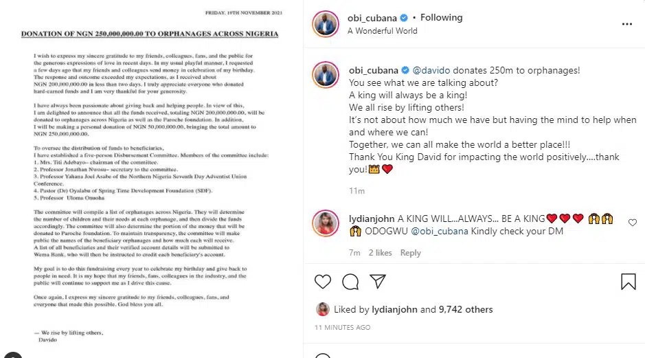 ‘A king will always be a king’ - Obi Cubana reacts to Davido’s N251 million donation to charity