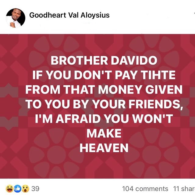 "If you don't pay tithe from that money, you won't make it to heaven" - Pastor drags Davido over N250M crowdfunding