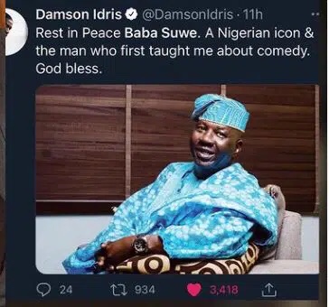 Hollywood actor Damson Idris pays tribute to Baba Suwe