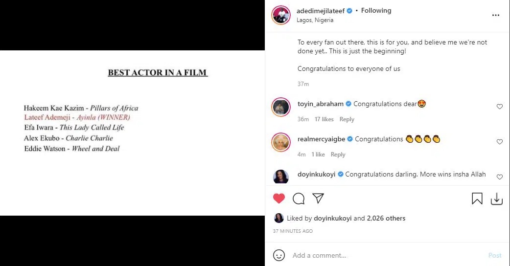 Toyin Abraham, others rejoice with Lateef Adedimeji as he beats top Hollywood actors in his latest achievement