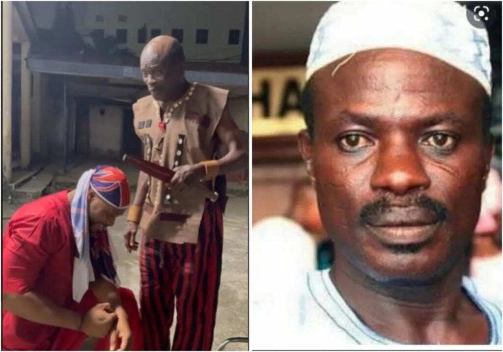 Actor Bolanle Ninalowo on his knees as veteran actor Tajudeen Oyewole pray for him