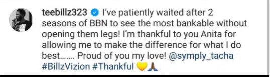 Tiwa Savage's ex-husband, Teebillz, considers Tacha as most bankable among the BBN housemates without even opening her legs.