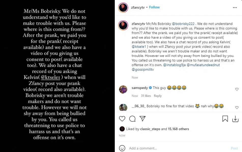 We paid you for the prank video, and you gave us permission to post it’ Zfancy blasts Bobrisky for threatening him