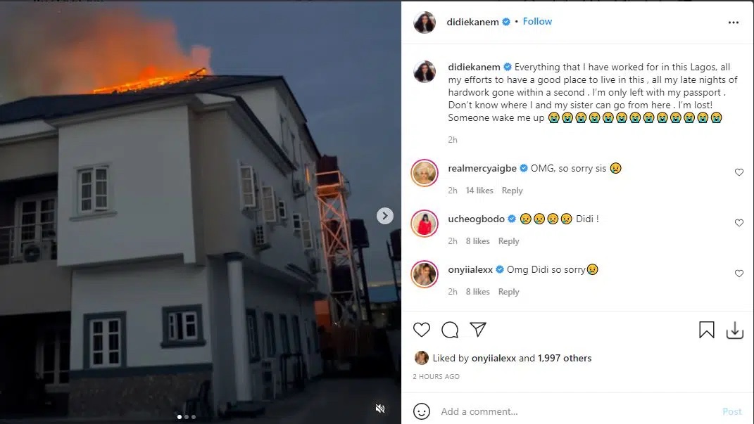 Actress Didi Ekanem cried out helplessly as her house, properties burn to Ashes in Lagos