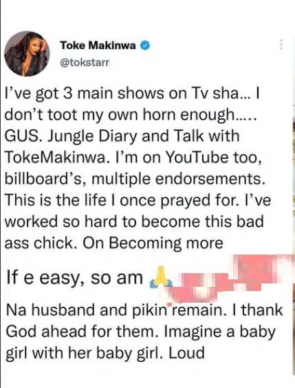 Na husband and pikin remain’ Toke Makinwa says, boast about her accomplishments