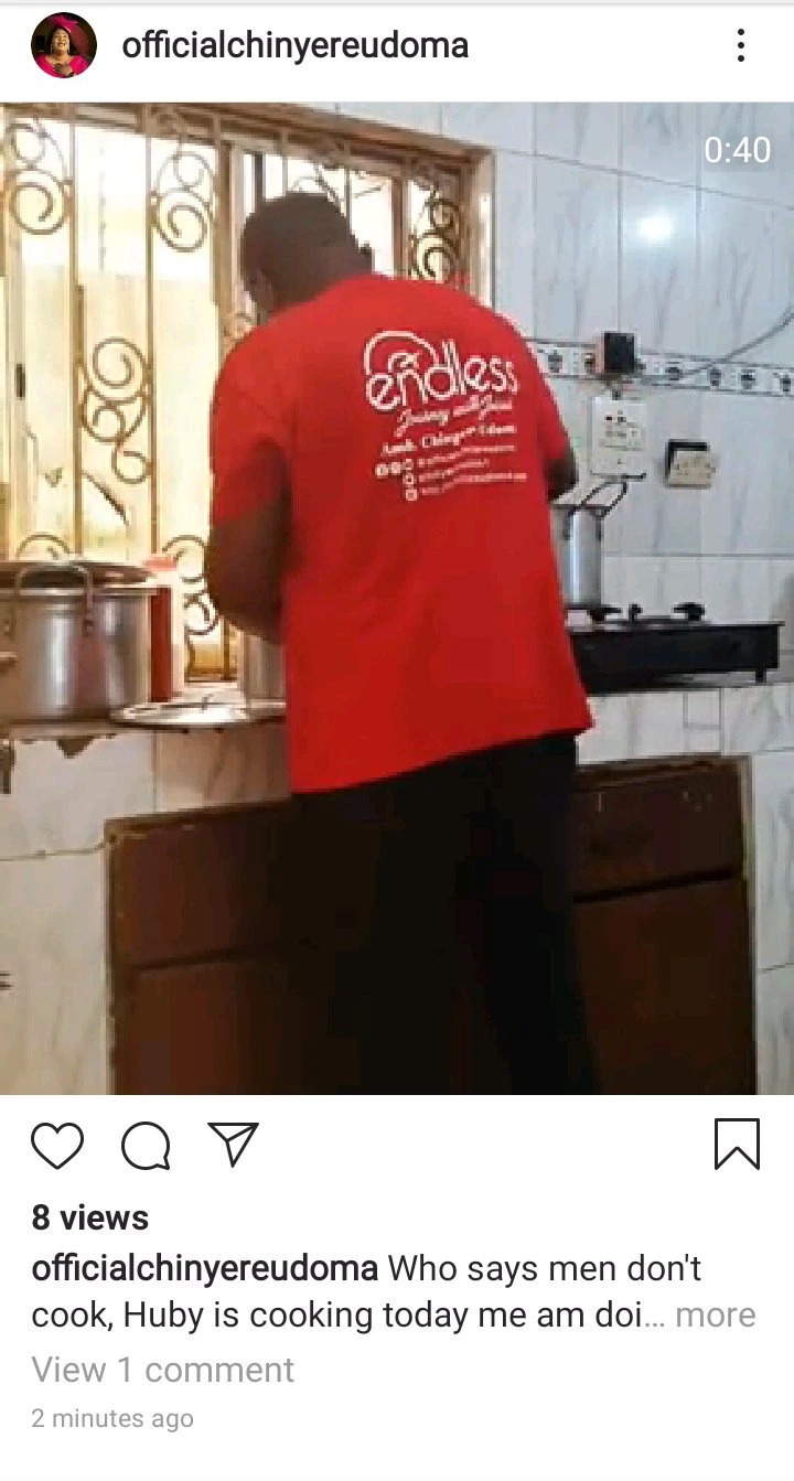 “HUBBY IS COOKING TODAY “- Chinyere Udoma Share Video Of Her Husband Cooking Skills In The Kitchen