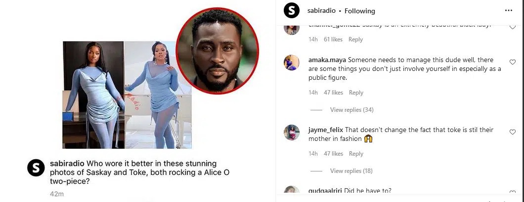 “If pursing clout was a person” Drama as Pere stands for Saskay over Toke Makinwa