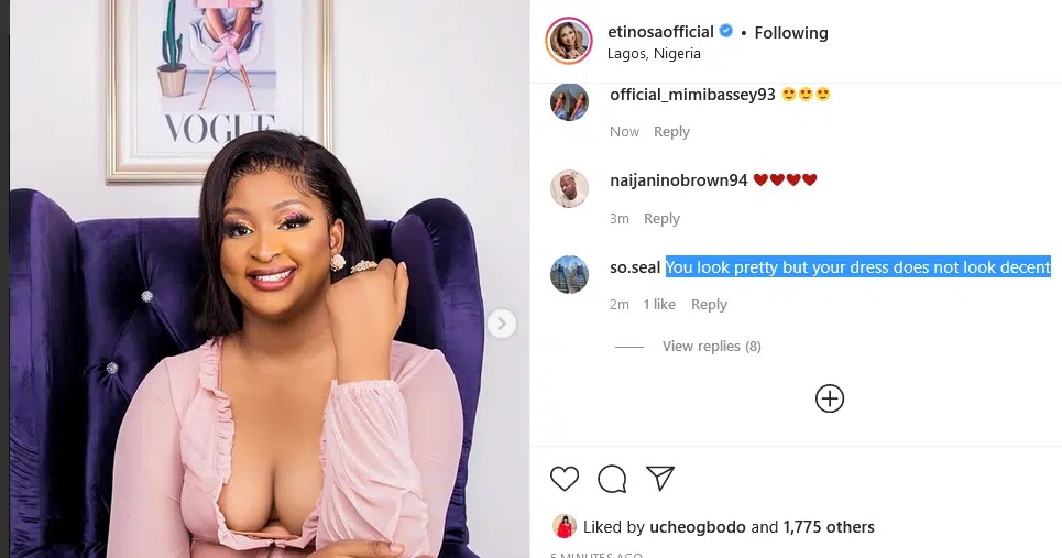 Fan blast Etinosa over cleavage baring outfit