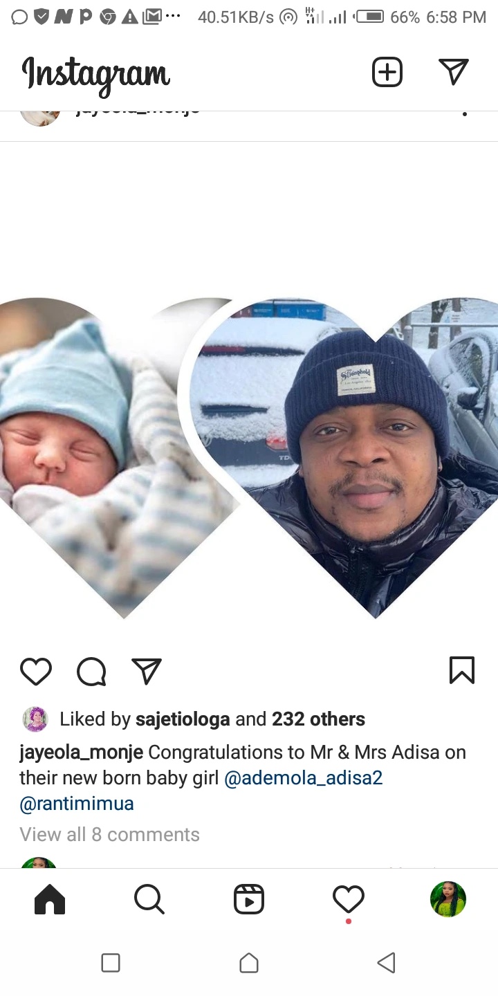 Actress Jaiye Kuti Congratulate Actor Ademola Adisa As He Gave Birth To A Baby Girl.