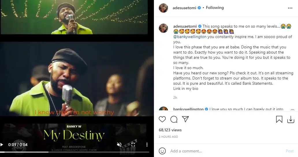 ‘You constantly inspire me, I am so proud of you’ Actress Adesua Etomi praise her husband over his latest song