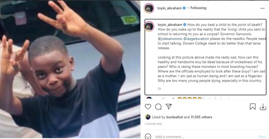 ‘I’m heartbroken as a mother’ Actress Toyin Abraham calls Governor Sanwo-Olu to do the needful over Sylvester Oromoni death