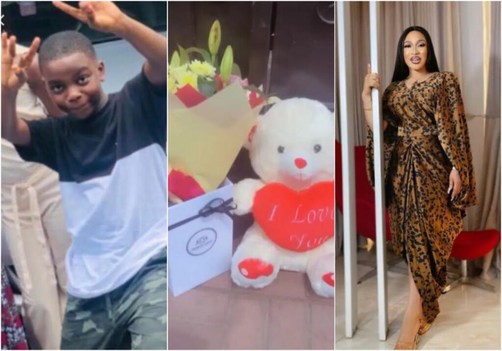 Actress Tonto Dikeh pays tribute to late Sylvester Oromoni by delivering flowers to his school gate on his 12th posthumous birthday.