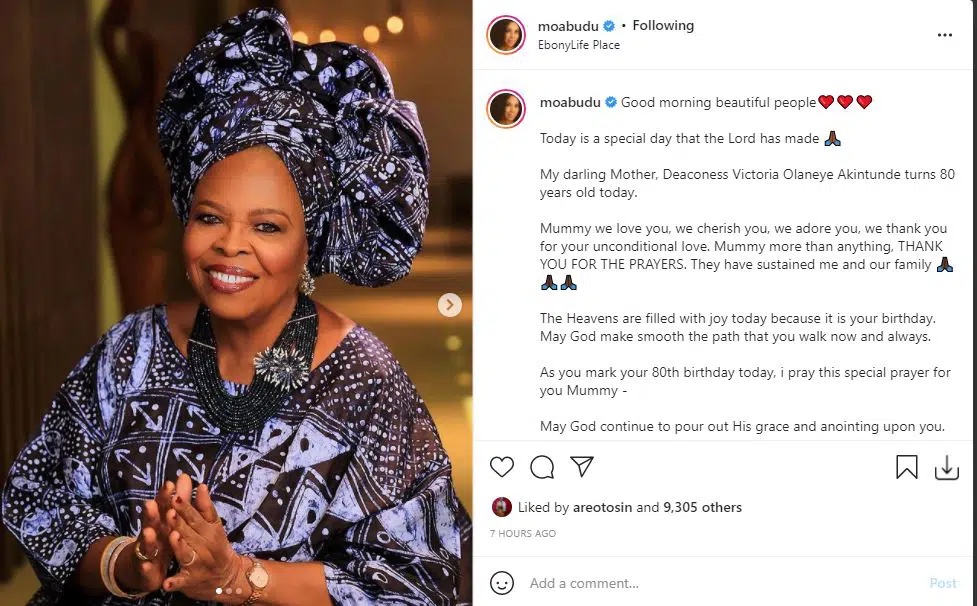 Media Personality, MO Abudu celebrates her mother 80th birthday