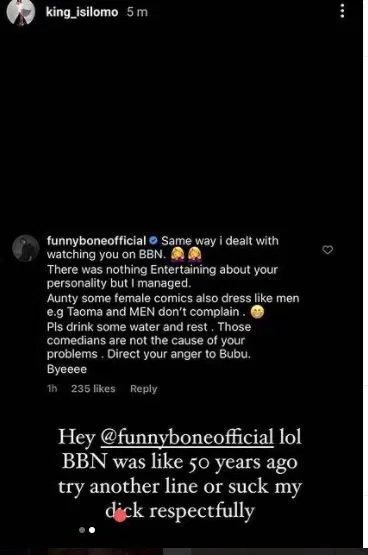 BBNaija’s Isilomo drags Funnybone for saying nothing is entertaining about her