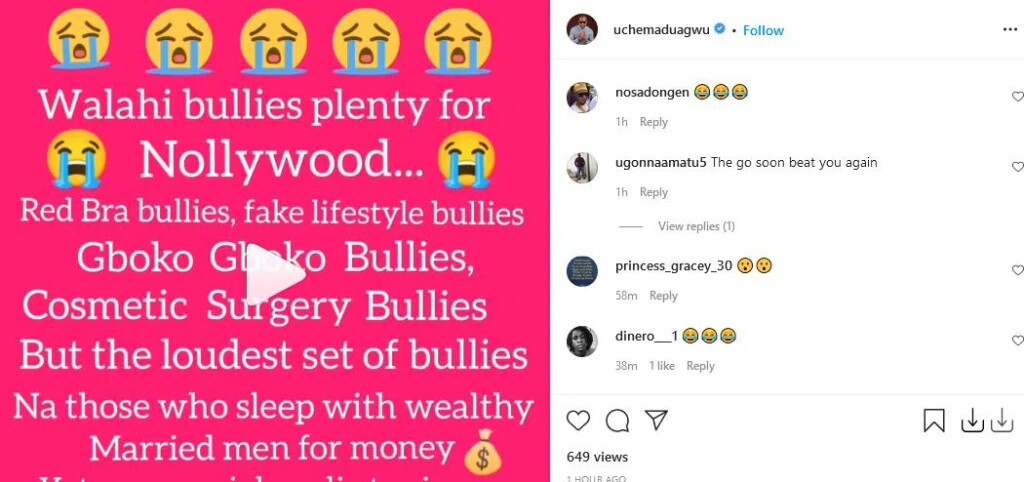 “They will soon beat you again”, Fans threaten Uche Maduagwu for calling names of Nollywood ‘husband snatching’ bullies