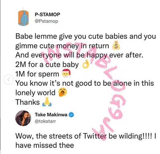 Pay me two million naira to give you cute babies, fan declare love for Toke Makinwa