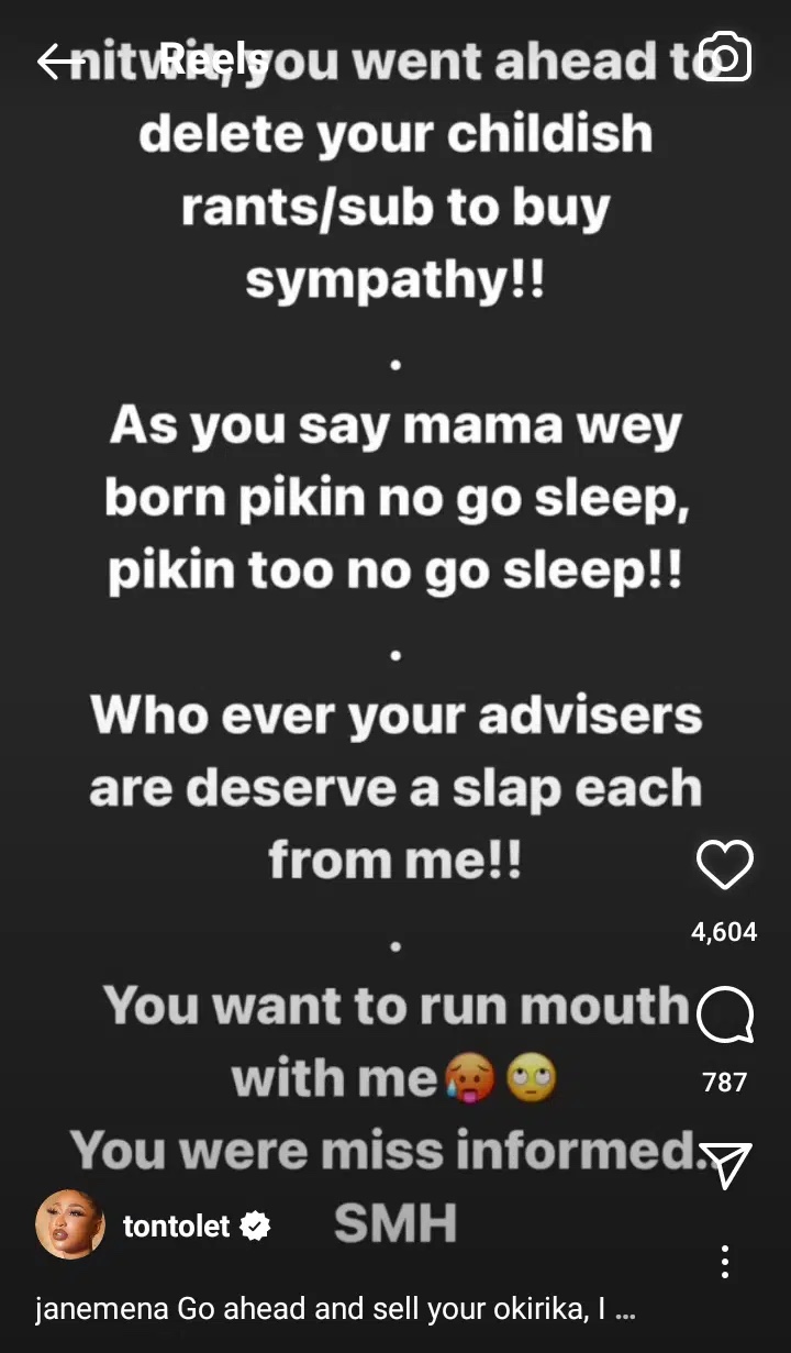 ‘Adulter0us Twerker’ go beg Kpokpogri to delete your s3x-tape’ – Tonto Dikeh drag Janemena in the mud