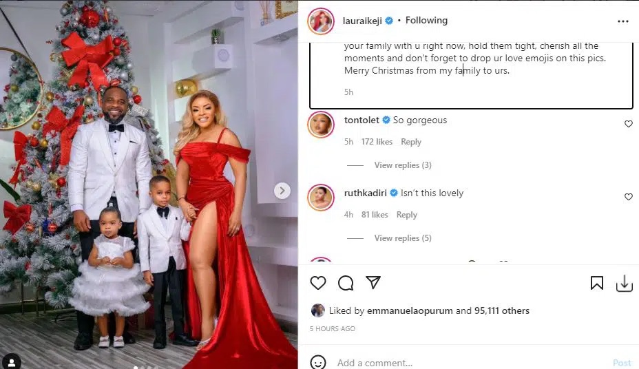 Nigerian Celebrity react as Laura Ikeji shares gorgeous Christmas themed-photos with her family,