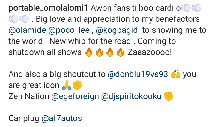 Zazoo Star, Portable, Acquires New Car Days After Calling Out Singer Poco Lee (Photo)