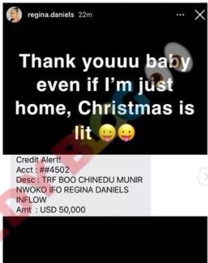 Actress Regina Daniels’ rejoice as husband gifts her N27.5 million for Christmas