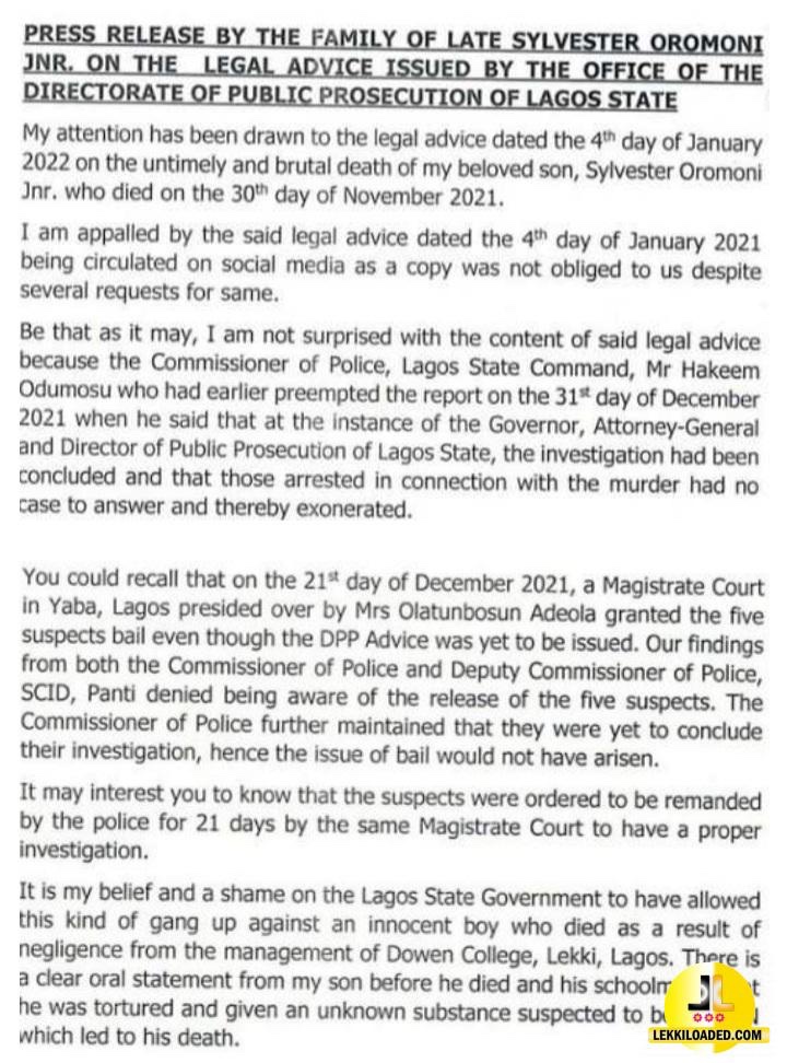 The Lagos State Government and the Police conspired to overturn the case, Late Sylvester Oromoni's father cried Out