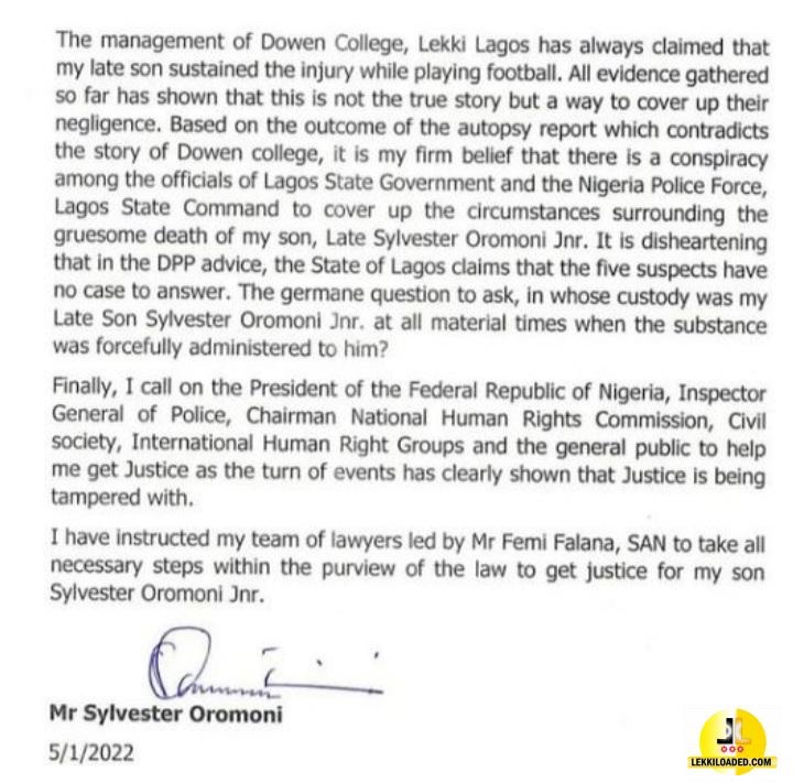 The Lagos State Government and the Police conspired to overturn the case, Late Sylvester Oromoni's father cried Out