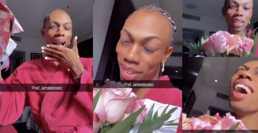 Crossdresser, James Brown, gushes after receiving flowers from a male admirer (video)