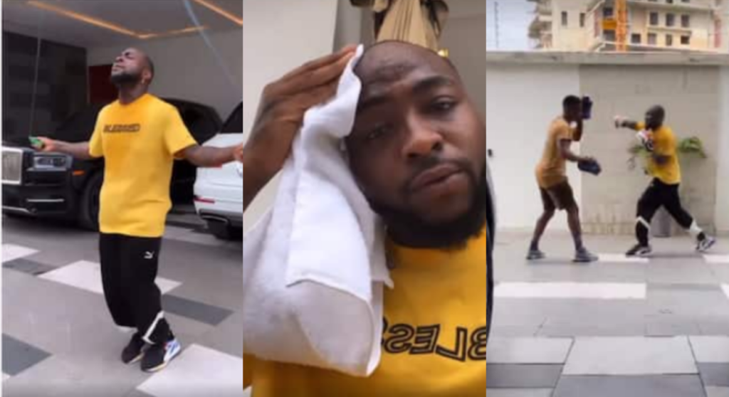 “That’s what he did last year” Nigerians gag as Davido begins the new year with waist-trainer workout