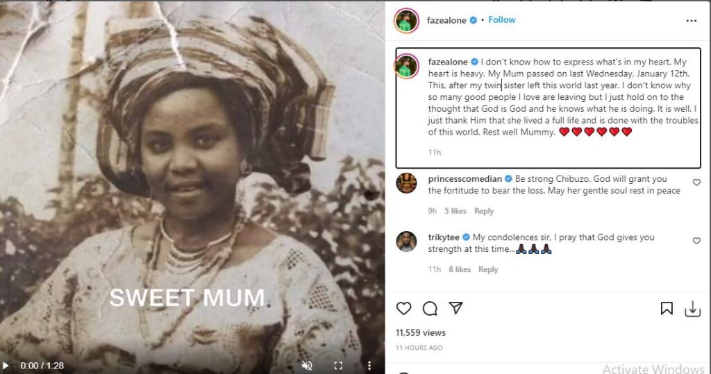 Nigerian celebrities react as Singer Faze loses mom a year after his twin sister’s death