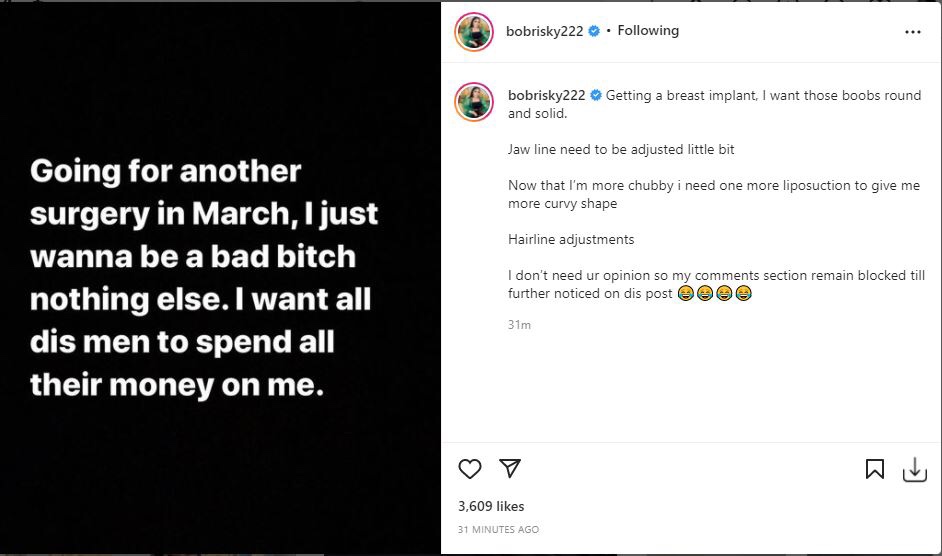 Bobrisky finally confesses to using fake silicone, plans to undergo breast implant and other surgeries