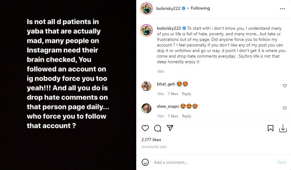 ‘Take your frustrations out of my page’, Bobrisky laments bitterly over hateful comments on his Instagram page